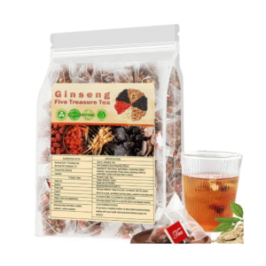 A clear pouch of Ginseng Five Treasure Tea next to a glass of brewed tea, individual tea bag, and fresh ingredients on a white background.