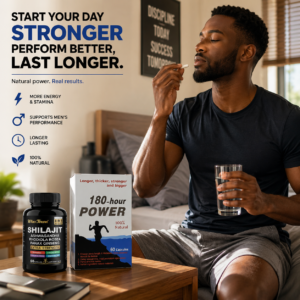 a picture showing a man taking his a picture of Shilajit & 180 hour power combo