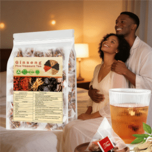 A smiling couple relaxing in a cozy bedroom next to a packaged pouch of Ginseng Five Treasure Tea and a glass of brewed tea.